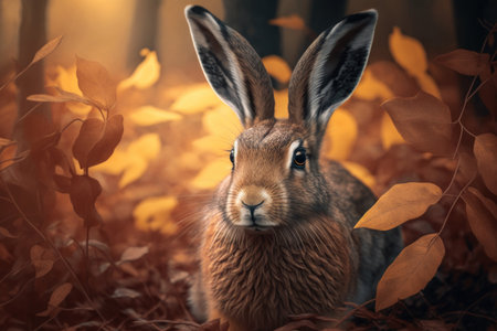 Close up wild hare in nature habitat. Illustration, Generative AIの素材