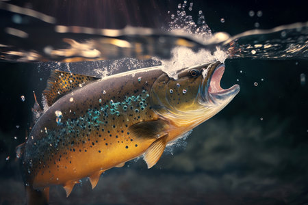 Fish jumping out of water in pond with splashes against blurred nature, digital illustration painting, Generative AIの素材