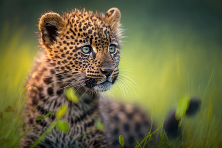 Baby leopard in spring green grass with flowers. Illustration, Generative AIの素材