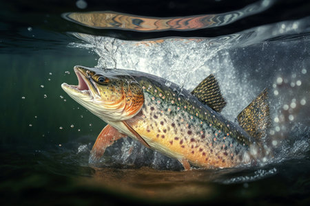 Fish jumping out of water in pond with splashes against blurred nature, digital illustration painting, Generative AIの素材