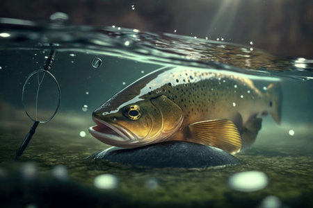 Big predatory fish in habitat underwater looking for prey. Fishing concept, digital illustration painting, Generative AIの素材