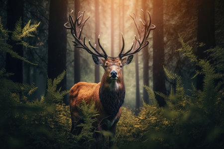 Close up wild Deer in nature habitat. Illustration, Generative AIの素材