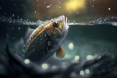 Big predatory fish in habitat underwater looking for prey. Fishing concept, digital illustration painting, Generative AIの素材