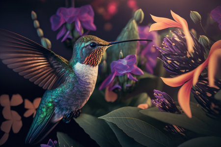 Hummingbird in flight in close-up, against a background of a tropical colorful forest and plants drinking flower nectar. Illustration, Generative AIの素材