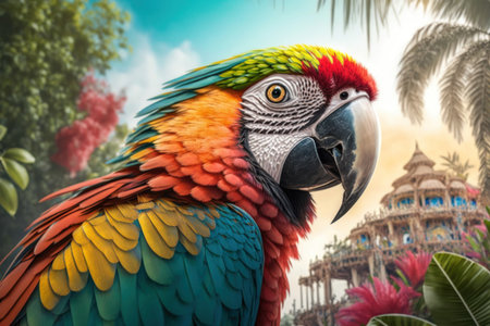 Close Parrot sit on a branch in the jungle. Illustration, Generative AIの素材