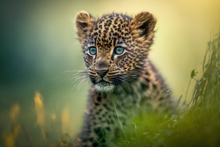 Baby leopard in spring green grass with flowers. Illustration, Generative AIの素材