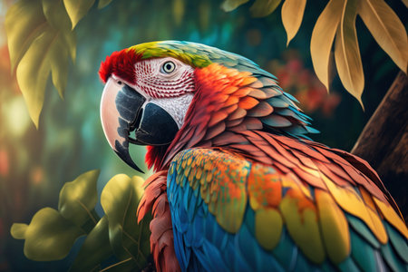 Close Parrot sit on a branch in the jungle. Illustration, Generative AIの素材