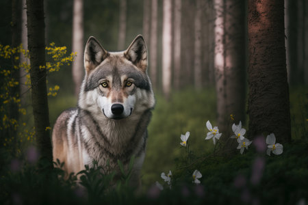 Close up wild Wolf in nature habitat. Illustration, Generative AIの素材