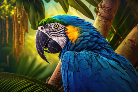 Close Parrot sit on a branch in the jungle. Illustration, Generative AIの素材