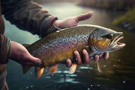 A fisherman holds a fish in his hands. Fishing concept, digital illustration painting, Generative AIの素材