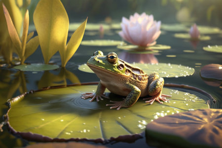 Close frog in summer pond with white water lily, AI Generativeの素材
