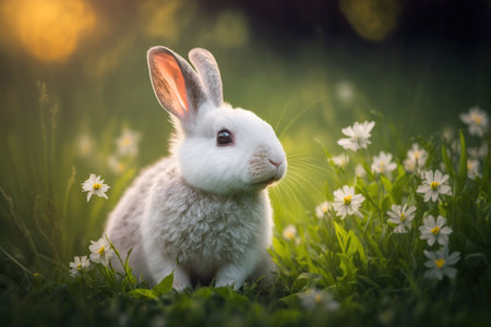 Baby rabbit in spring green grass with flowers. Illustration, Generative AIの素材
