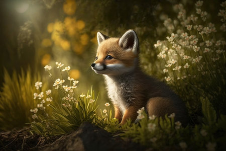 Red fox cubs in meadows with flowers, digital illustration painting, Generative AIの素材