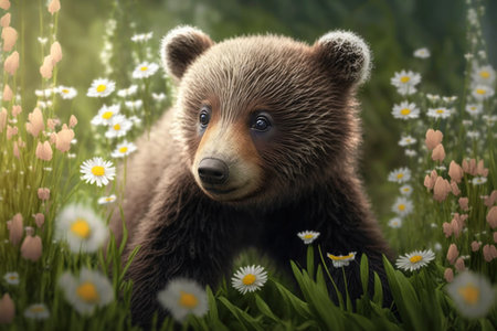 Bear cub in meadows with flowers, digital illustration painting, Generative AIの素材