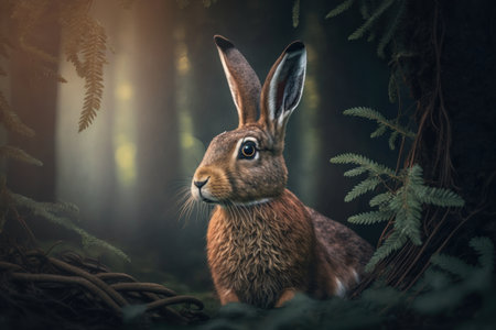Close up wild hare in nature habitat. Illustration, Generative AIの素材