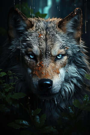 Wolf portrait on dark background, Created AI Generativeの素材