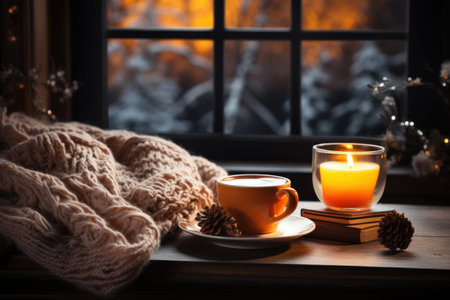 A cup of tea, books, a candle and a knitted scarf on the window background, Christmas. Generative AIの素材