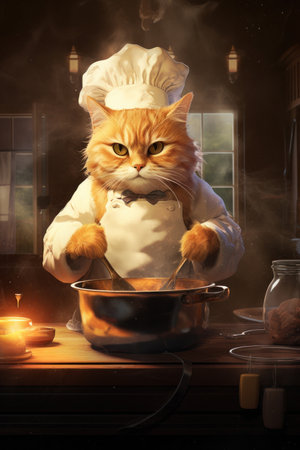 A head chef cat cooking a meal in the kitchen. AI Generativeの素材