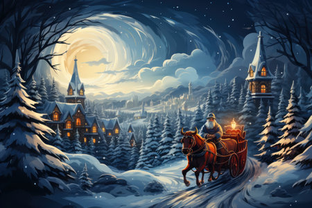 Hand drawn cartoon beautiful illustration of santa claus outdoors with deer in winter at night. Generative AIの素材