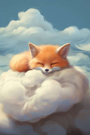 Cute red fox sleeping on a cloud, watercolor drawing. Generative AIの素材