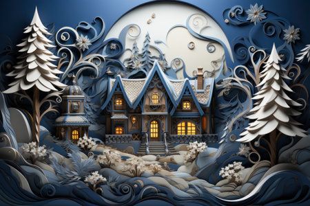 Beautiful winter landscape with house and snow covered trees, holiday. Generative AIの素材