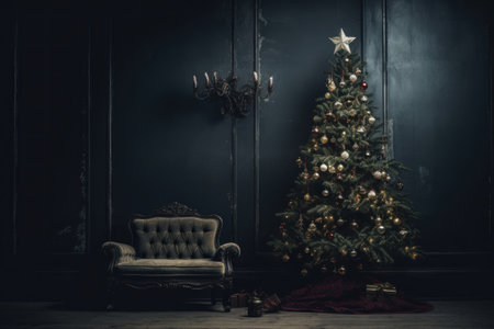 A decorated Christmas tree in a room. Illustration Generative AIの素材