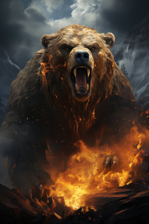Illustration of angry bear portrait fire and smoke. Animal on a dark background. Generative AIの素材