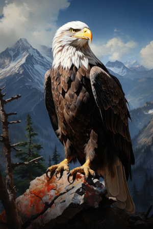 Adult Hawk sit on stone. Mountain landscape background. Created with Generative AIの素材