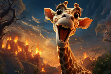 Cartoon cute giraffe in nature. Baby illustration, AI Generativeの素材