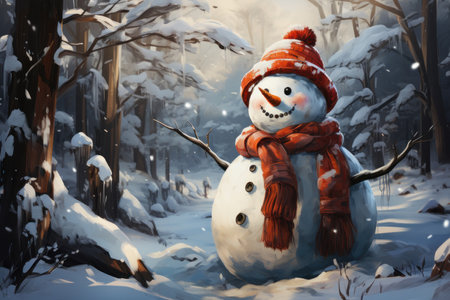 Realistic snowman in a red hat and scarf is smiling while standing in the snow near the fir trees. Gutter new year, Christmas holidays. Generative AIの素材