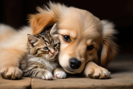 Close adorable puppy and kitten lying together. AI Generativeの素材
