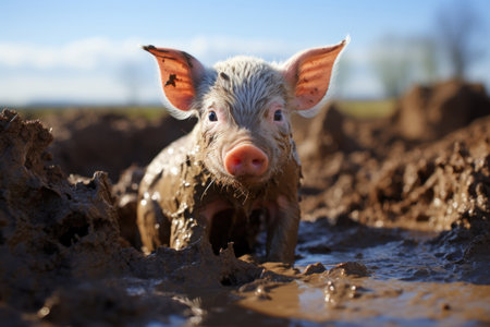 Funny piglet in dirt on farm, digital illustration painting. Created with Generative AIの素材