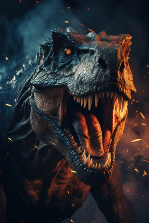 Angry Tyrannosaurus dinosaur with big tooth on dark background. Illustration Generative AIの素材