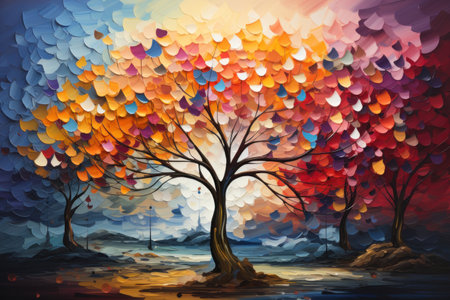Beautiful colorful tree with vibrant leaves hanging branches. AI Generativeの素材