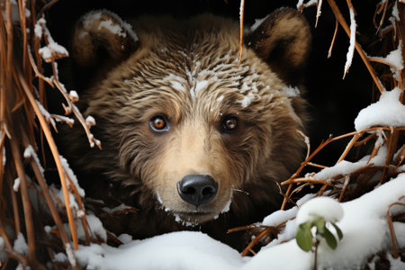 Illustration bear portrait in den, winter forest. Animal in winter time. Generative AIの素材