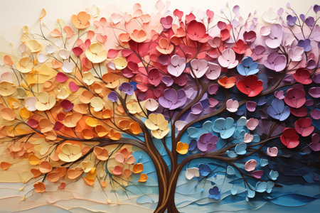 Beautiful colorful tree with vibrant leaves hanging branches. AI Generativeの素材