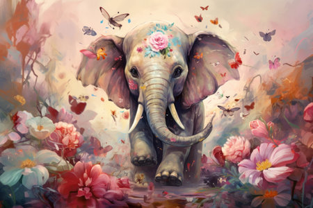 Beautiful Illustration of cute elephant in flower blossom, Generative Aiの素材