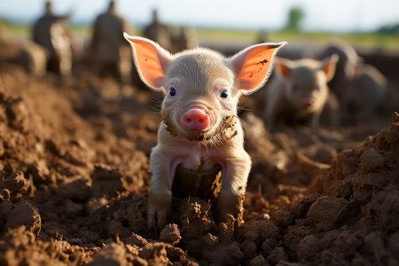 Funny piglet in dirt on farm, digital illustration painting. Created with Generative AIの素材