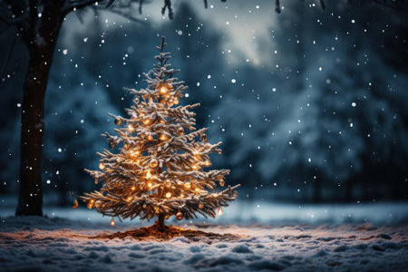 A decorated Christmas tree in a park or forest. Illustration Generative AIの素材