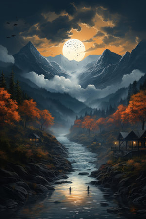 Flat illustration of nature and mountain with big sun and river. Evening time, sunset. AI Generativeの素材