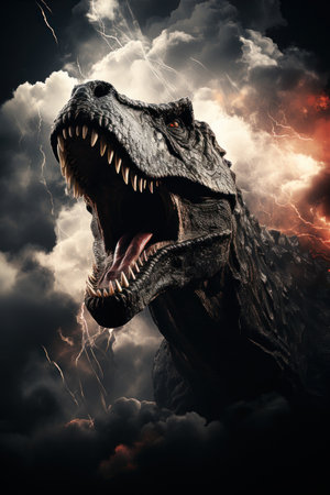 Angry Tyrannosaurus dinosaur with big tooth on dark background. Illustration Generative AIの素材