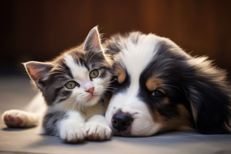 Close adorable puppy and kitten lying together. AI Generativeの素材