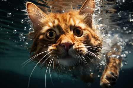 Close cat diving underwater with big eye. AI Generativeの素材
