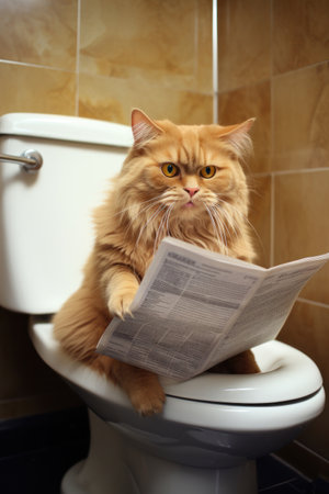 The cat is sitting on the toilet bowl and reading a newspapers. AI Generativeの素材