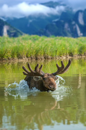 Moose swimming in lake with big horns on mountain background. Wildlife scene from natureの写真素材