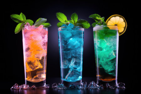 Line of many colorful alcoholic cocktails on a bar in a nightclub on dark background. Generative AIの素材