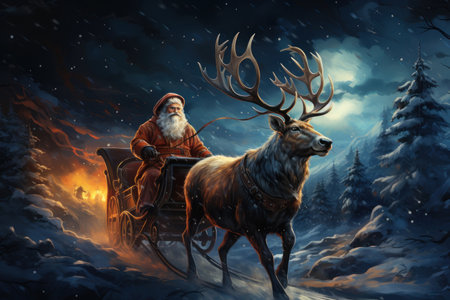 Hand drawn cartoon beautiful illustration of santa claus outdoors with deer in winter at night. Generative AIの素材