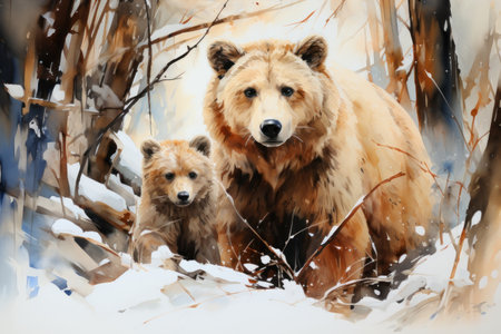 Illustration bear portrait in winter forest. Animal in winter time. Generative AIの素材