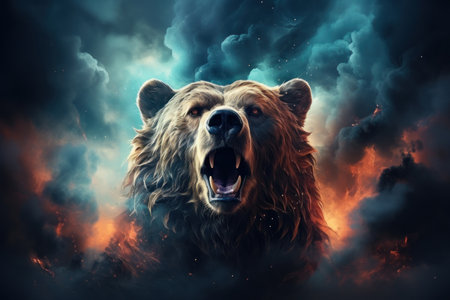 Illustration of angry bear portrait fire and smoke. Animal on a dark background. Generative AIの素材