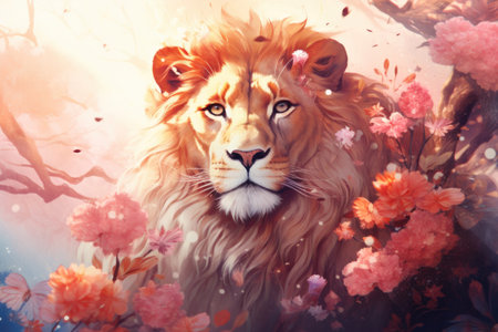 Beautiful Illustration of cute lion in flower blossom, Generative Aiの素材